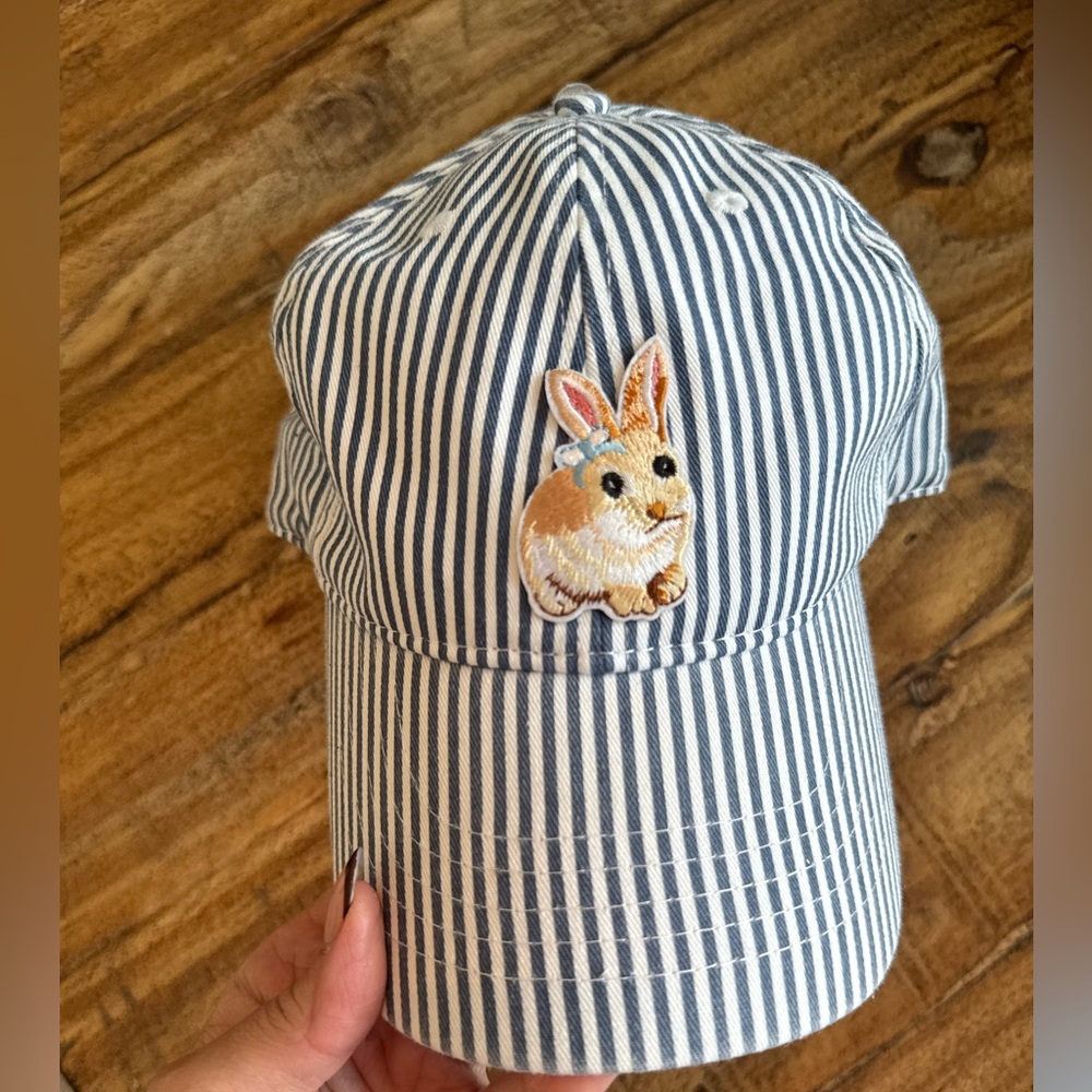 Striped Blue and White Cap with Bunny Patch